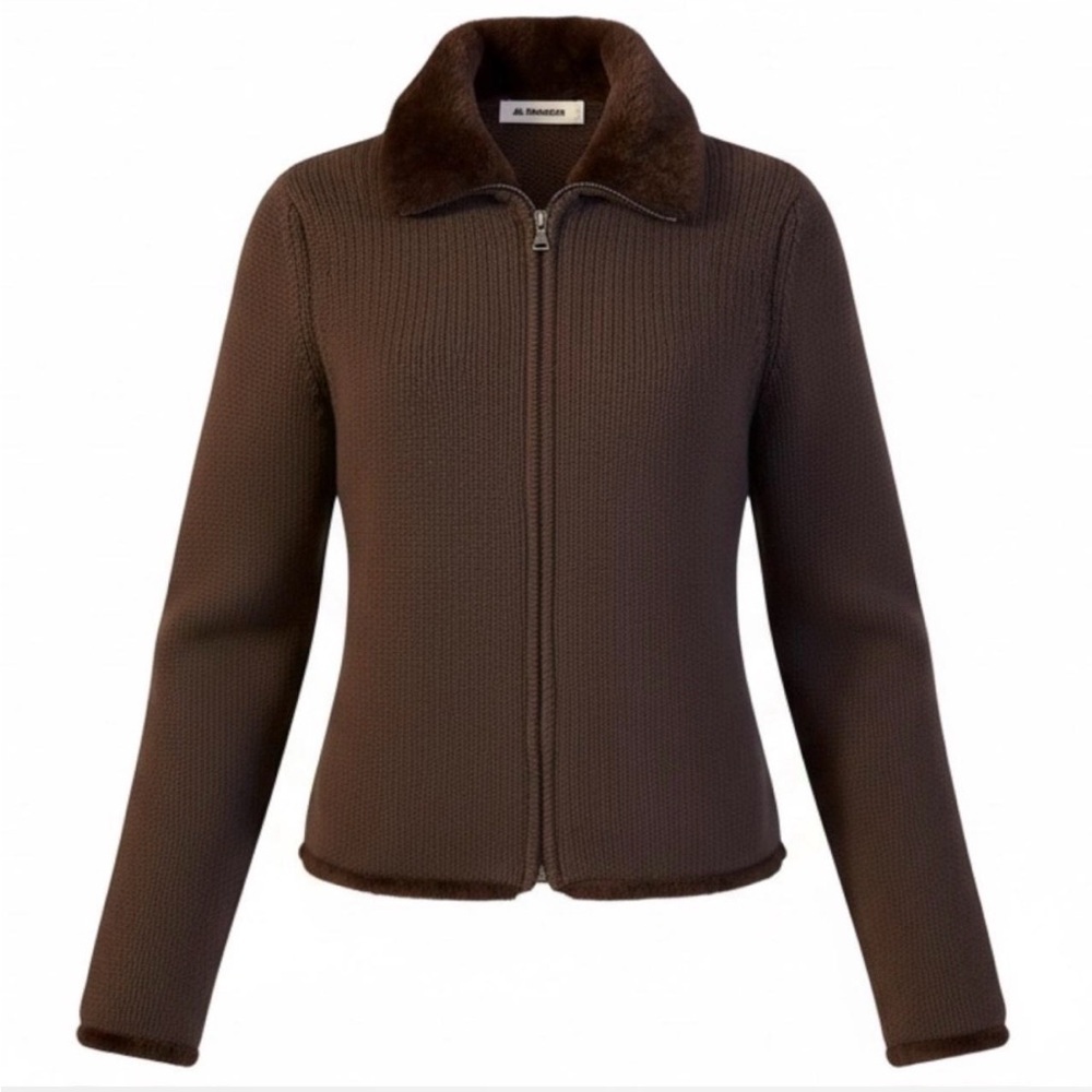 Jil Sander Brown Fur Trim Zip Luxury Cardigan Sz 38 Italy Rib Knit Wool Blend